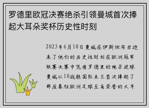 罗德里欧冠决赛绝杀引领曼城首次捧起大耳朵奖杯历史性时刻