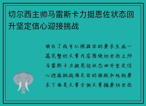 切尔西主帅马雷斯卡力挺恩佐状态回升坚定信心迎接挑战 切尔西主帅马雷斯卡力挺恩佐状态回升坚定信心迎接挑战