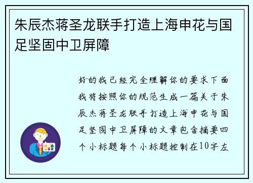 朱辰杰蒋圣龙联手打造上海申花与国足坚固中卫屏障